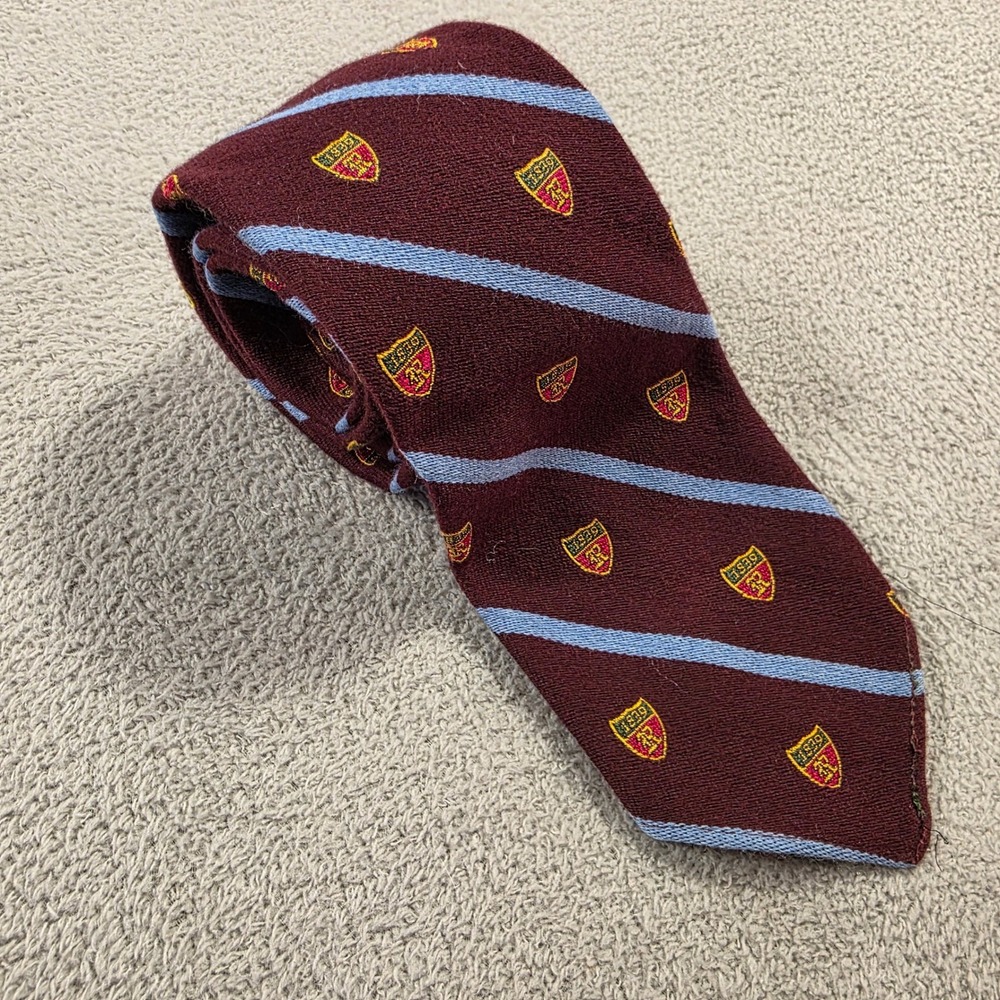 Ralph Lauren Rugby Tie Mens Burgundy Blue Striped Crest Silk Wool Preppy Ivy